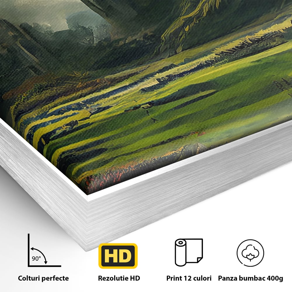 Detaliu al suprafetei: tablou canvas cu cetate medievala si peisaj, in rama de aluminiu argintiu